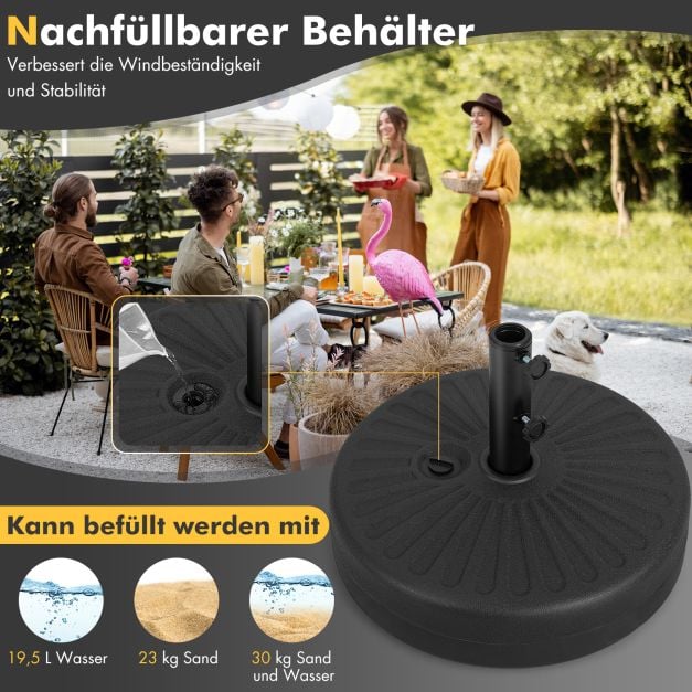 Coast Sonnenschirmständer, befüllbar, 19,5 l – Sonnenschirmständer für Ø 38/48 mm – Befüllbar mit Wasser oder Sand – Schwarz