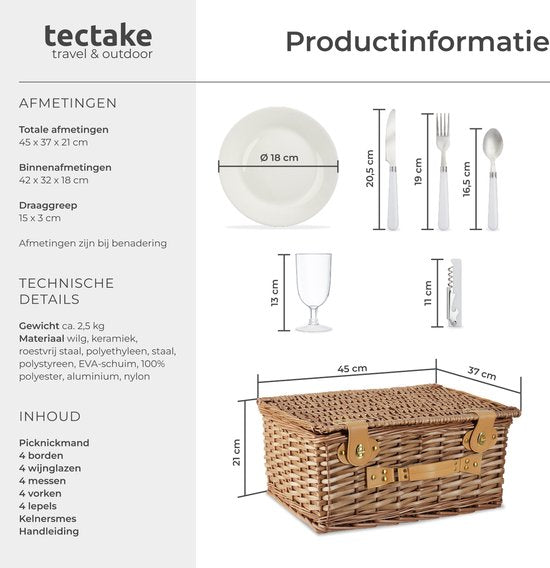tectake - komplettes Picknickkorb-Set Terschelling - Luxuriöses 21-teiliges Picknick-Set für 2 Personen - Picknickkorb aus Weidengeflecht - Inklusive Kühlbox, Set mit Tellern, Weingläsern aus Kunststoff und Besteck aus Edelstahl