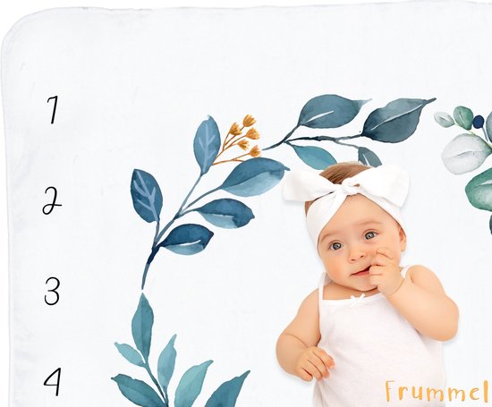 Frummel Milestone blanket 'Leaves' - Milestone blanket - Milestone baby - Baby Gift Boy - Baby Gift Girl - Baby Shower Gift - Baby Gift - Milestone blanket in Dutch - Muttertagsgeschenk - 115 x 115 cm