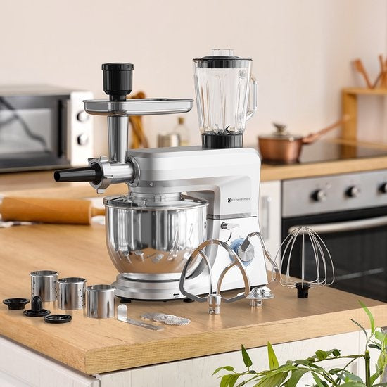 KitchenBrothers Küchenmaschine - Komplettset - 15 Zubehörteile - Küchenroboter - 6L - 1500W - Silber