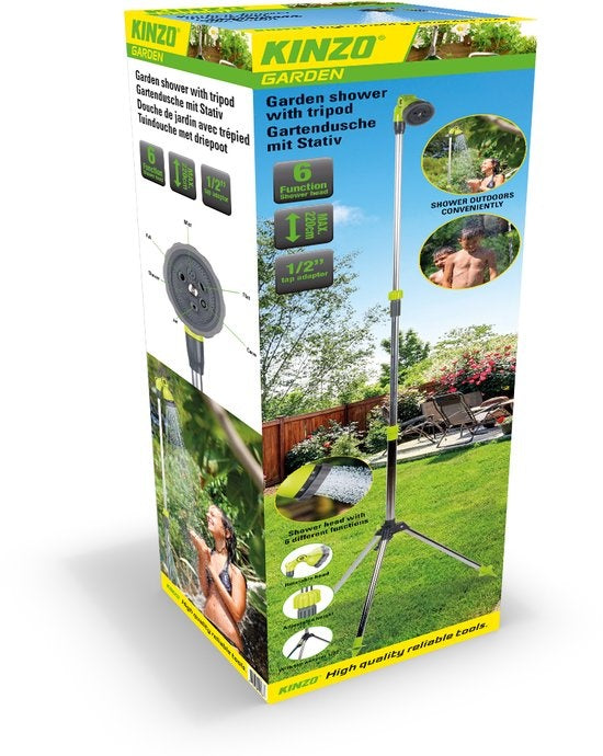 Kinzo Verstellbare Gartendusche - âŒ€56 x 160/220CM - Inkl. Stativ, Duschkopf und Gartenschlauchkupplung - Kunststoff/Aluminium - Grün/Silber