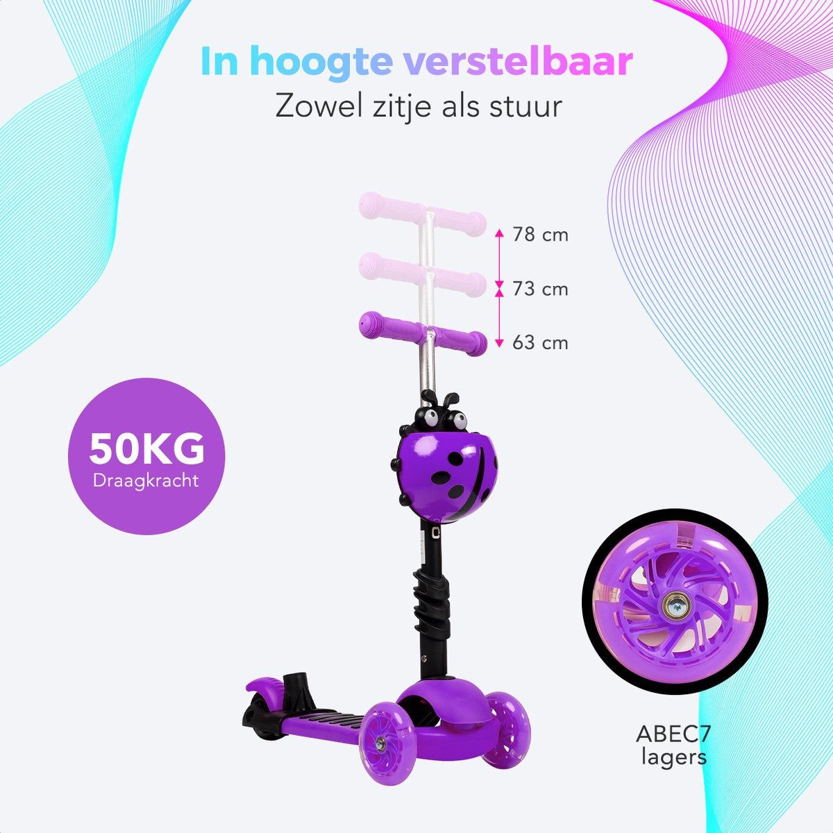 LifeGoods MultiRider - Kinderroller mit Schiebestange - 3 -8 Jahre - Jungen/Mädchen - 3 leuchtende Räder - Lila