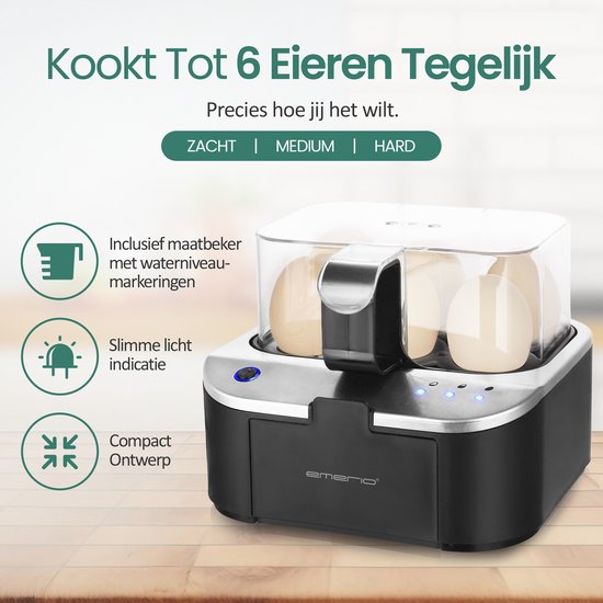 Emerio Smart Elektrischer Eierkocher – Für 6 Eier – 400 W – Sprachansagen – Hart, weich und mittel gekocht gleichzeitig – Inklusive Messbecher – EB-123177.12 – Eierkocher Schwarz