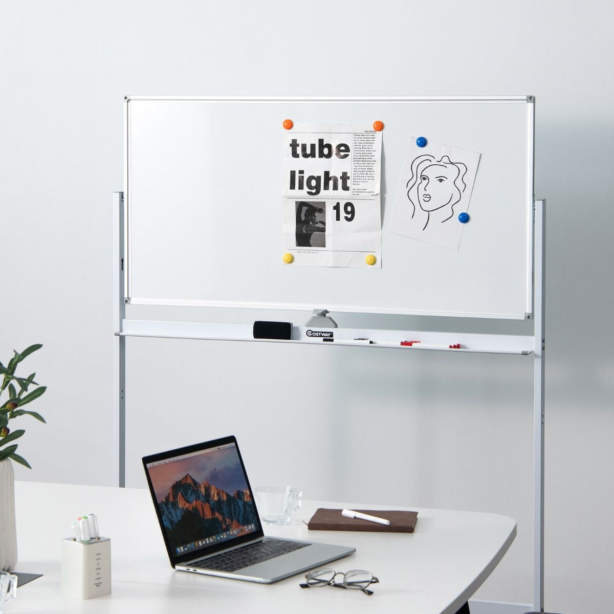 Coast Doppelseitiges magnetisches mobiles Whiteboard verstellbare, trocken abwischbare Tafel auf Rädern weiß
