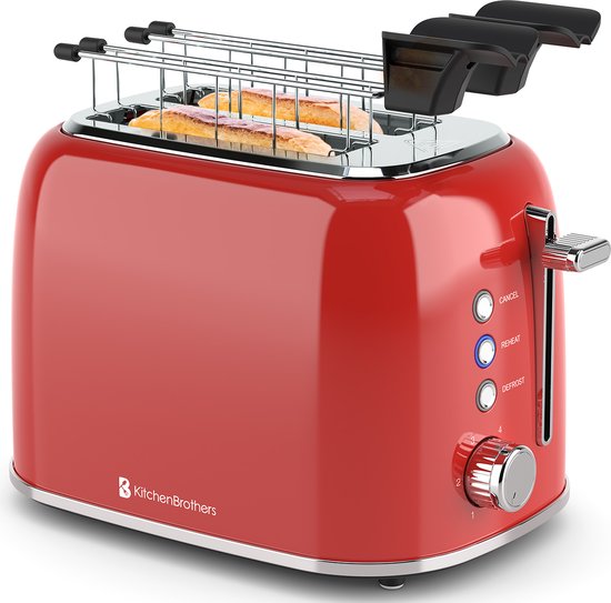 KitchenBrothers Toaster mit Toasty Clamps - Toaster - 6 Wärmestufen - Breite Schlitze - Toaster - 870W - Rot