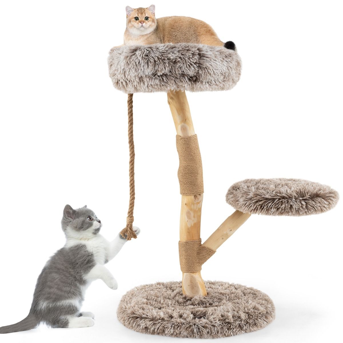 Coast Kratzbaum für Katzen – 3 Ebenen – Birnenholz und Jute – hellgrau und beige – 90 cm