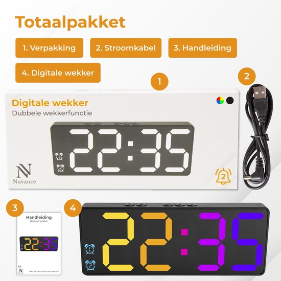 Nuvance - Digitaler Wecker - Digitaluhr - Wecker für Kinder & Erwachsene - Reisewecker - Schlafzimmer - Led-Wecker digital - Wecker - Farbe schwarz