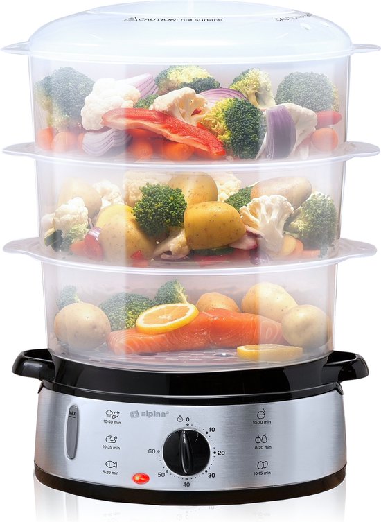 alpina Dampfgarer 9 l – Dampfgarer 800 W – Dampfgarer mit Timer und Warmhaltefunktion – 3-Etagen-Gemüsedampfgarer – Dampfgarer für Gemüse, Reis, Hähnchen, Obst, Fisch und Eier – Edelstahl