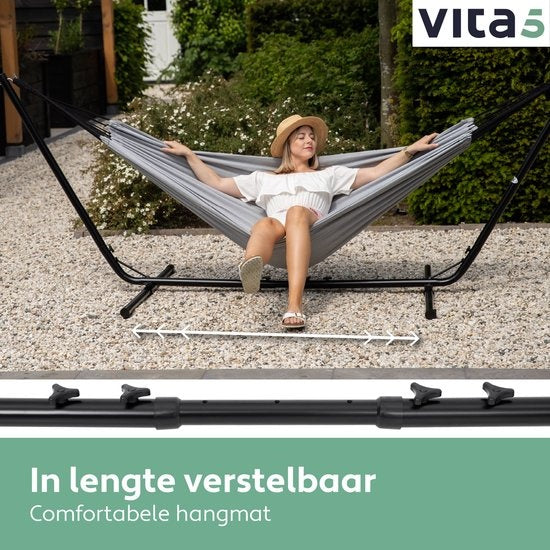 Vita5 Hängematte mit Ständer - 2 Personen - Verstellbare Länge - Inkl. Tragetasche - Gewicht 205 kg - Grau