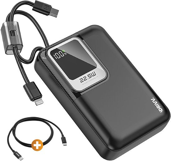 Drivv. Powerbank 20.000 mAh – Mit integriertem 8-Pin- und USB-C-Kabel – Inklusive 60-W-Ladekabel – 22,5-W-Schnellladefunktion – USB / USB-C – Notfallpaket