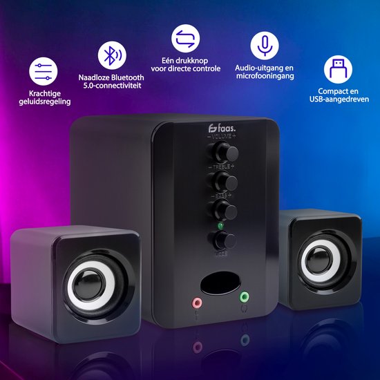 Faas - PC-Lautsprecher 2.1 - Bluetooth 5.0 - integriertes Mikrofon - USB-C & USB-A Anschluss - Stereo-Lautsprecherset - Schwarz
