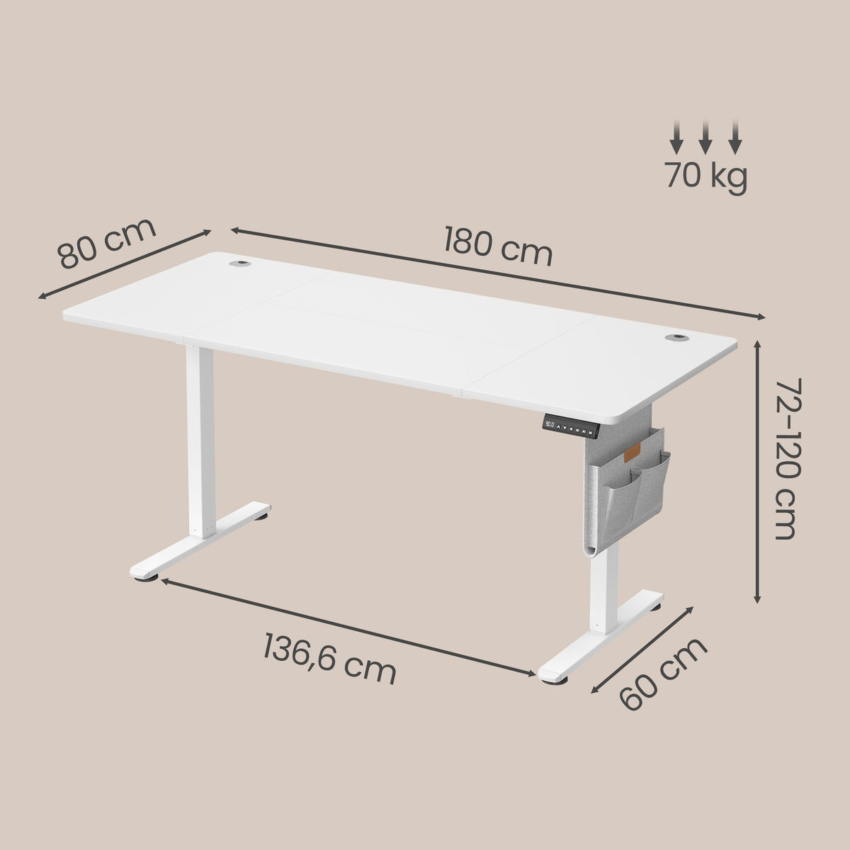 JOYFURNOS Elektrisch höhenverstellbarer Schreibtisch, 180 x 80 cm, stufenlos verstellbar, Speicherfunktion für 4 Höhen, wolkenweiß