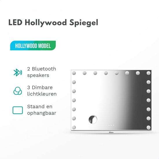 Mirlux Large Hollywood Mirror - 80x60CM - 2 Bluetooth-Lautsprecher - USB & USB-C Ladeanschlüsse - LED-Beleuchtung - Schminkspiegel - 10x Zoom - Aufhängbar - Weiß