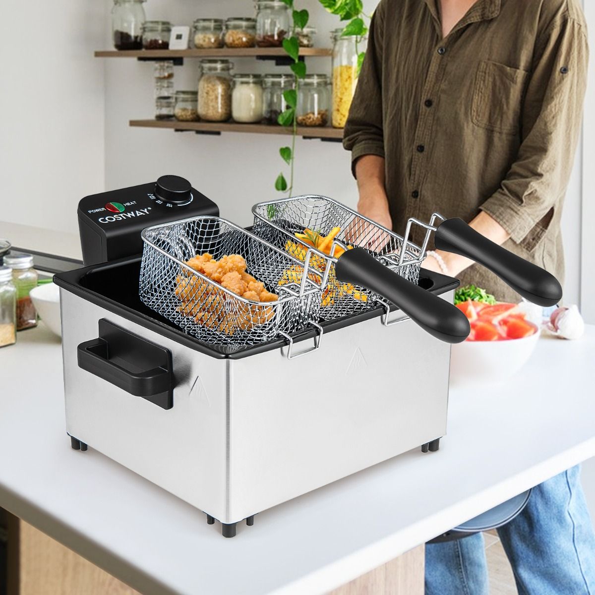 Coast Elektrische Fritteuse – 5 Liter – 3 Frittierkörbe – einstellbare Temperatur – silber und schwarz