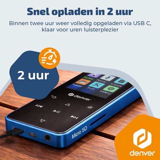Denver MP3/MP4-Player – Bluetooth – Zufallswiedergabe/Wiederholung – SD-Karte bis zu 128 GB – inkl. Ohrhörer – Diktiergerät – MP1830BU – Blau