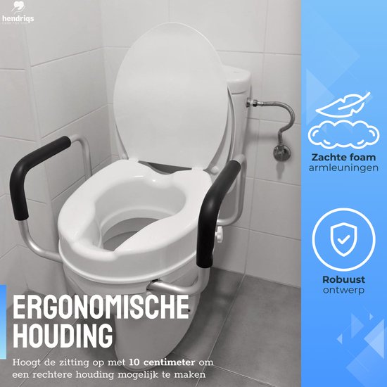 Hendriqs® WC-Sitzerhöhung 10 cm mit Armlehnen & Deckel – Toilettensitzerhöhung mit Armlehnen – Erhöhter Toilettensitz – Sitzverhöher für Erwachsene und Senioren – Höhenverstellbarer Toilettenstuhl – WC-Sitzverhöher – Toilettensitzverhöher
