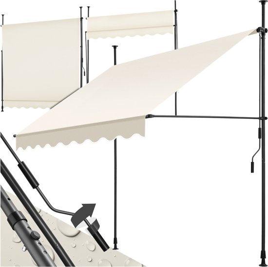 tectake® Klemmmarkise mit Handkurbel – Balkonmarkise ohne Bohren – Höhenverstellbar – UV-beständig – Wasserabweisend – Terrassenüberdachung – Sonnenschutz für Terrasse und Balkon – Breite 200 cm – Beige