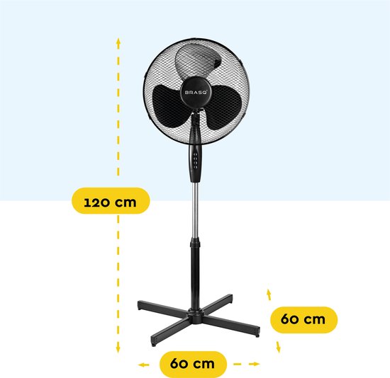 BRASQ Stativventilator - 40 cm - Schwarz - Höhenverstellbar - 3 Geschwindigkeiten - 40 Watt