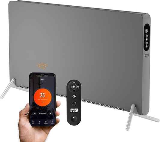 LIFETIME Elektroheizgerät - 3 Heizstufen, WiFi & App-Steuerung - 2000W - 94,5 x 50,5 x 12,5 cm - Grau