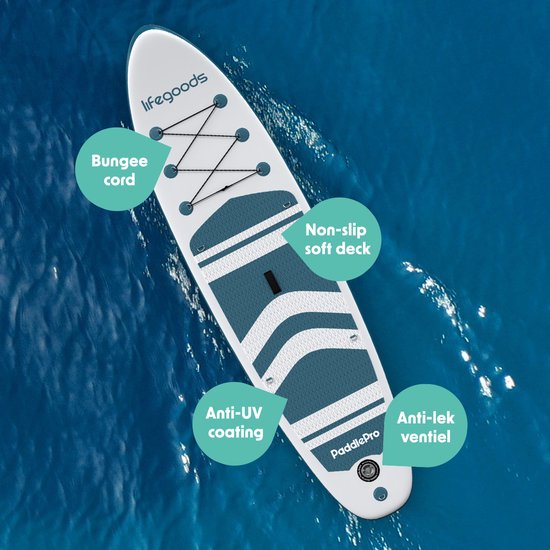 LifeGoods PaddlePro SUP Board - mit Sitz - Aufblasbares Paddle Board - Komplettset - Max. 135KG - 320x81cm - Weiß/Tief Aqua