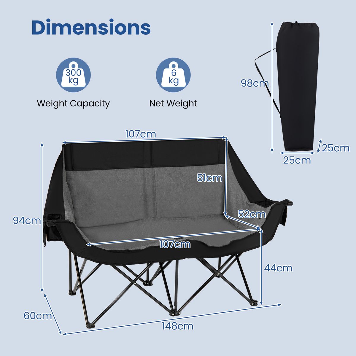 Coast Klappbarer Doppel-Campingstuhl – Beheizt – 3 Heizstufen – Schwarz