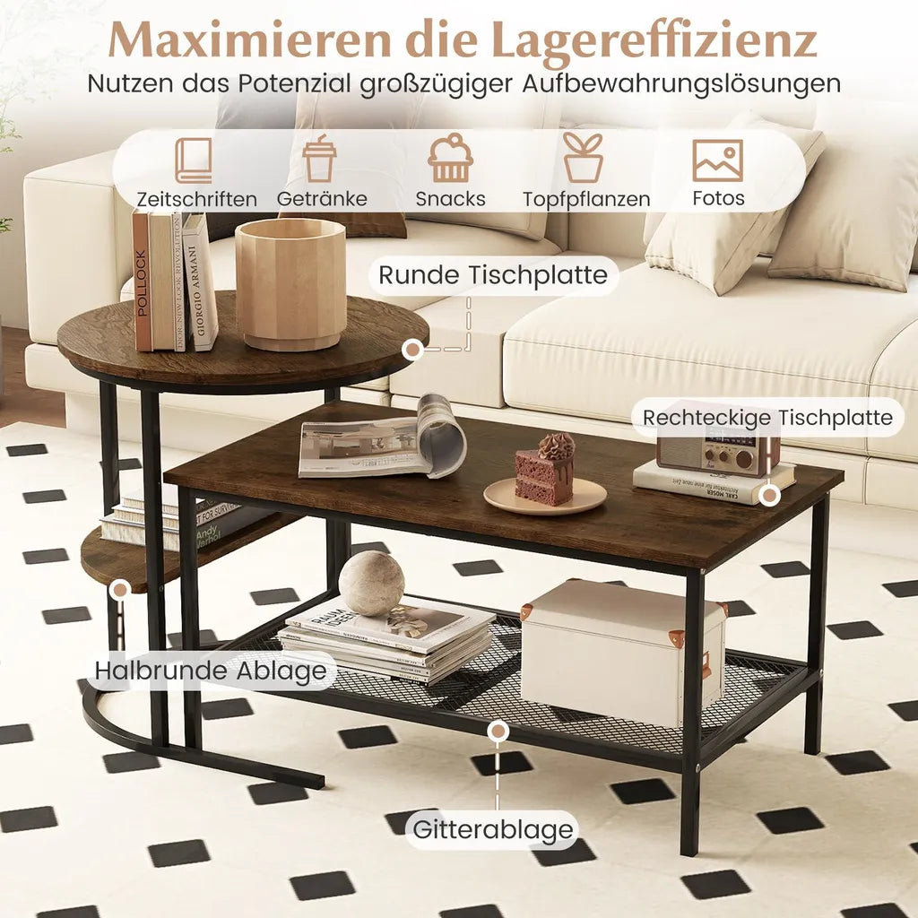 Coast Couchtisch 2er-Set - Ovaler und runder Beistelltisch mit Metallgestell - Braun