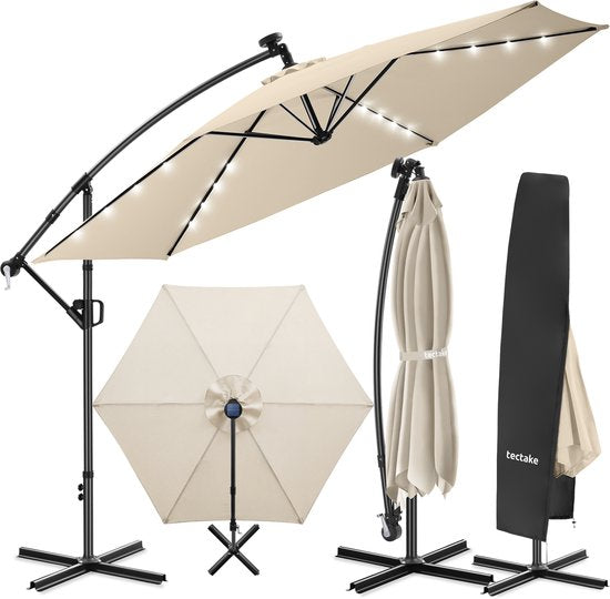 tectake® Schwebeschirm mit Sockel – 3,5 x 3,5 m – Gartenschirm mit solarbetriebener LED-Beleuchtung – schwenkbar – wasserabweisendes Polyester mit UV-Schutz – inklusive Schutzhülle – Beige