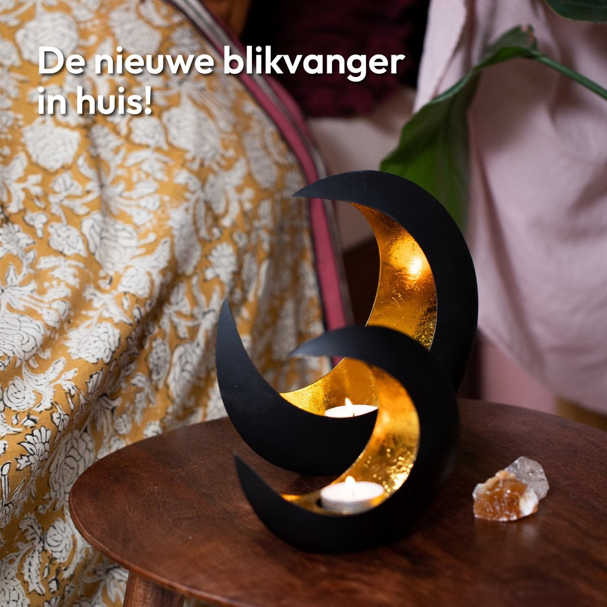 Gadgy - Teelichthalter Mond - 2er Set - 15 cm und 21 cm - Metall - Schwarz / Gold