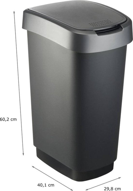 Rotho Twist Mülleimer- 50L - 60.2cm - Mit Kippdeckel - Silber/Schwarz