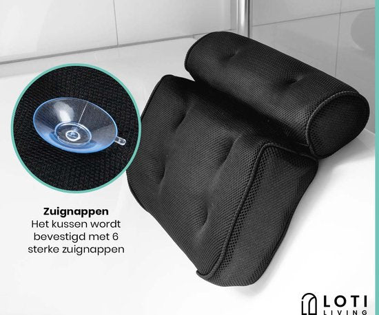 Loti Living Badekissen für die Badewanne - Badekissen - Nackenkissen für die Badewanne - Kopfstütze für die Badewanne - Badekissen mit Saugnäpfen - 6 Saugnäpfe - Ergonomisches Nackenkissen - Anti-Rutsch - Schwarz