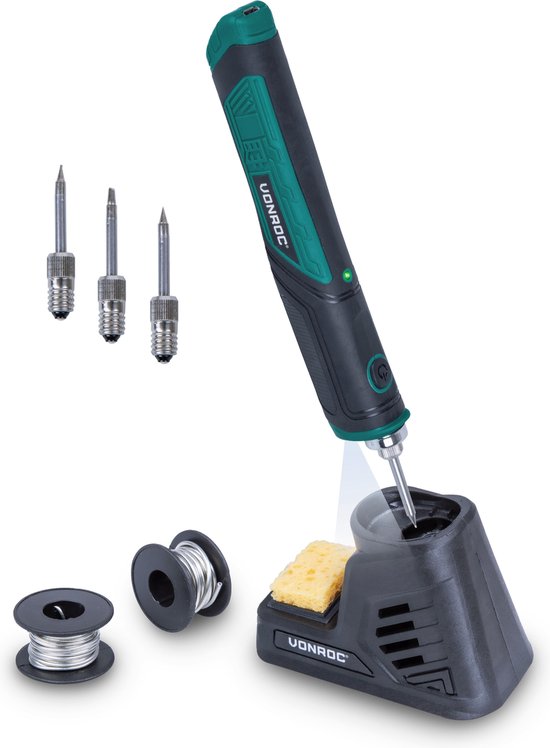 VONROC Lötkolben 4V â€“ Max. 450Â°C â€“ Inkl. Lötkolbenhalter mit Schwamm, Lötzinn und Spitzen