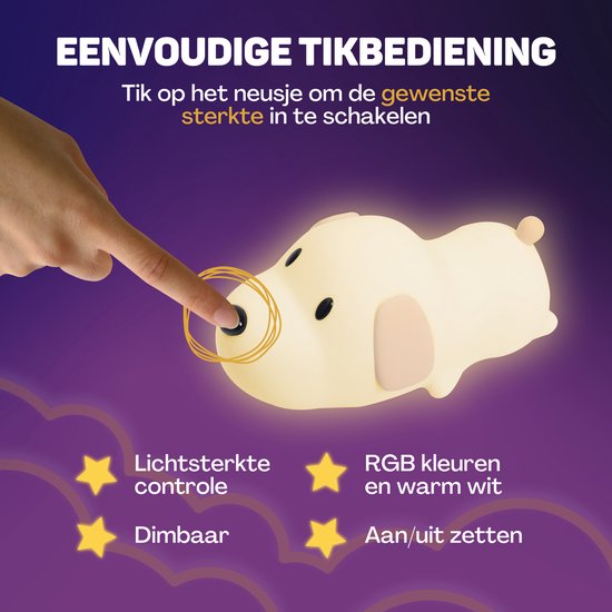 Vulpes Goods® Kinder-Nachtlicht - LED-Licht & 8 Farben - Babyzimmer-Nachtlicht - Welpe - USB wiederaufladbar - Dimmer - Timer - Kabellos - Kinderfreundlich