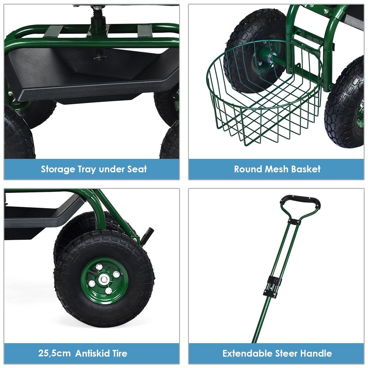 Coast Gartenwagen mit verstellbarem Griff – ergonomischer Sitz – Ablagekorb und Werkzeugkästen – grün