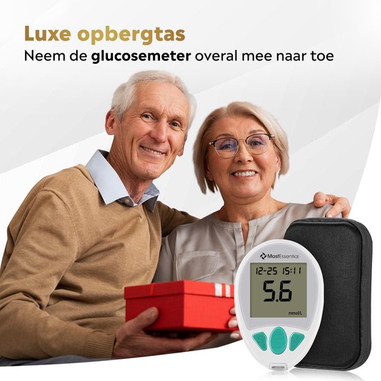 MostEssential Premium Blutzuckermessgerät Starter Kit - Blutzuckermessgerät - Diabetes Messgerät - Alles in einem Set - Inklusive Aufbewahrungstasche, Stechhilfe, 10 Teststreifen & 10 Lanzetten