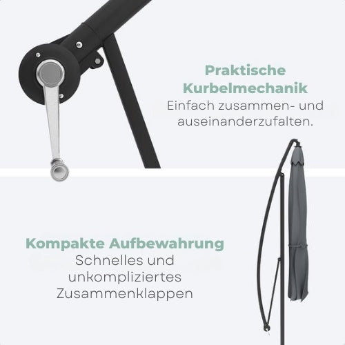 LifeGoods - Schwebender Sonnenschirm - bis zu 8 Personen - ⌀300cm - Wasserdicht - mit Abdeckung und Kreuzfuß - Garten oder Strand - Dunkelgrau