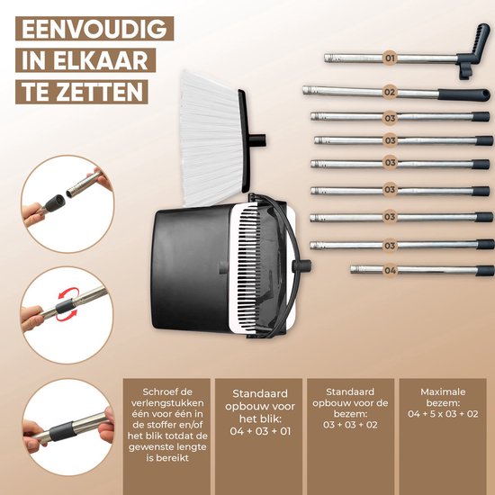 TTD® Kehrschaufel und Besen mit langem Stiel XXL - Verstellbar 54-263 cm - Besen - Besenstiel - Grau & Schwarz - Kehrschaufel und Besen - Kehrschaufel für drinnen und draußen - Integrierte Reinigungszähne