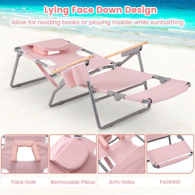 Coast Klappbarer Strandstuhl 66 x 149 x 56 cm – 3-in-1 – Fußstütze/Gesichtsausschnitt – Rosa