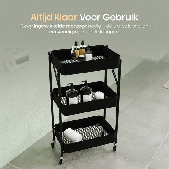 O'DADDY® Küchenwagen zusammenklappbar - 3 Lagen - Servierwagen auf Rädern - Küchenwagen - Rollbarer Tisch - Aufbewahrungswagen - Aufbewahrungswagen - Küchenregal - Schwarz
