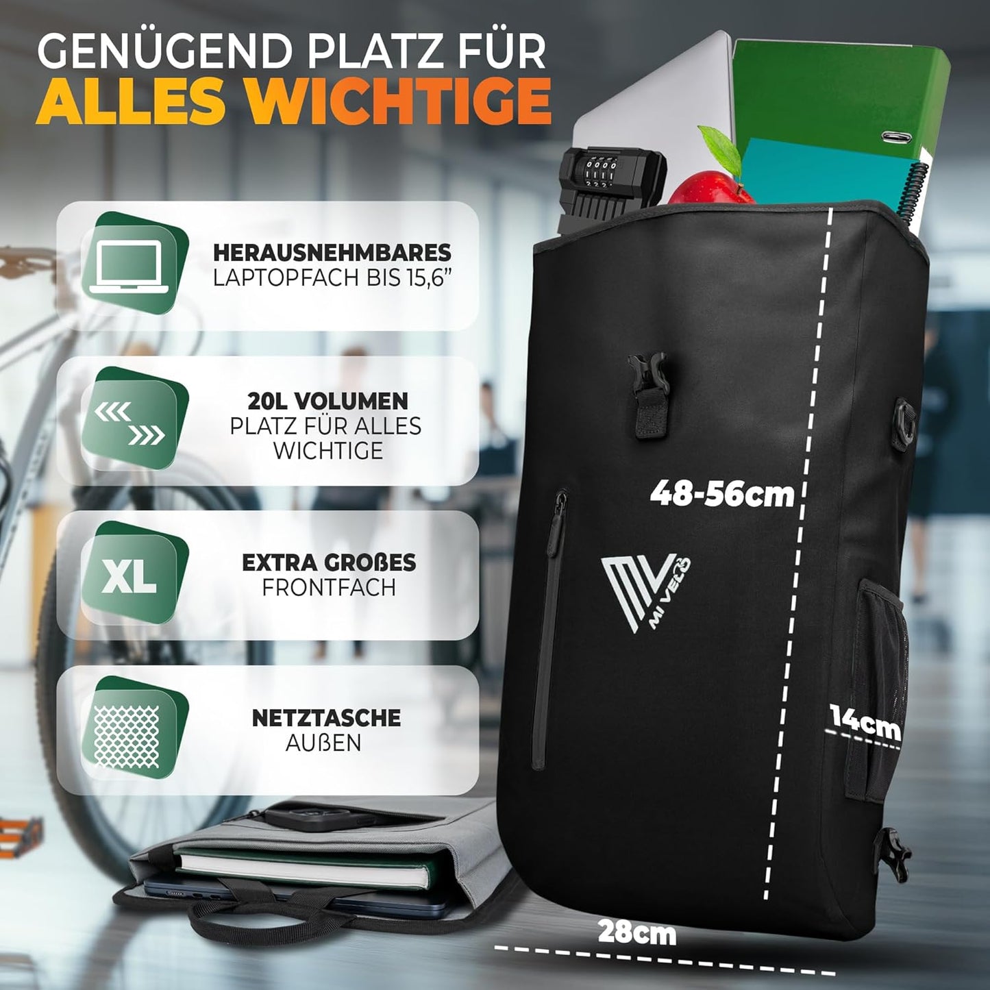 MIVELO - 3-in-1 wasserdichte Fahrradtasche - Rucksack und Umhängetasche - inkl. Laptopfach - 20L - Schwarz