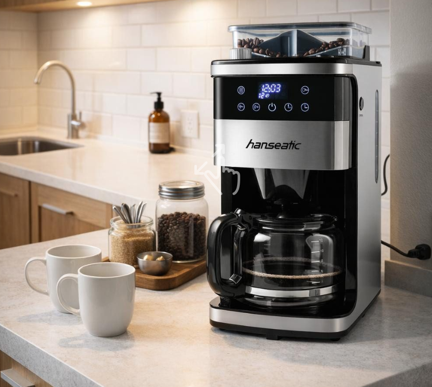 Hanseatic Kaffeemaschine mit Mahlwerk HCMG105015SD – Schwarz/Silber – 21 x 31 x 42 cm – 1,5 l, 12 Tassen