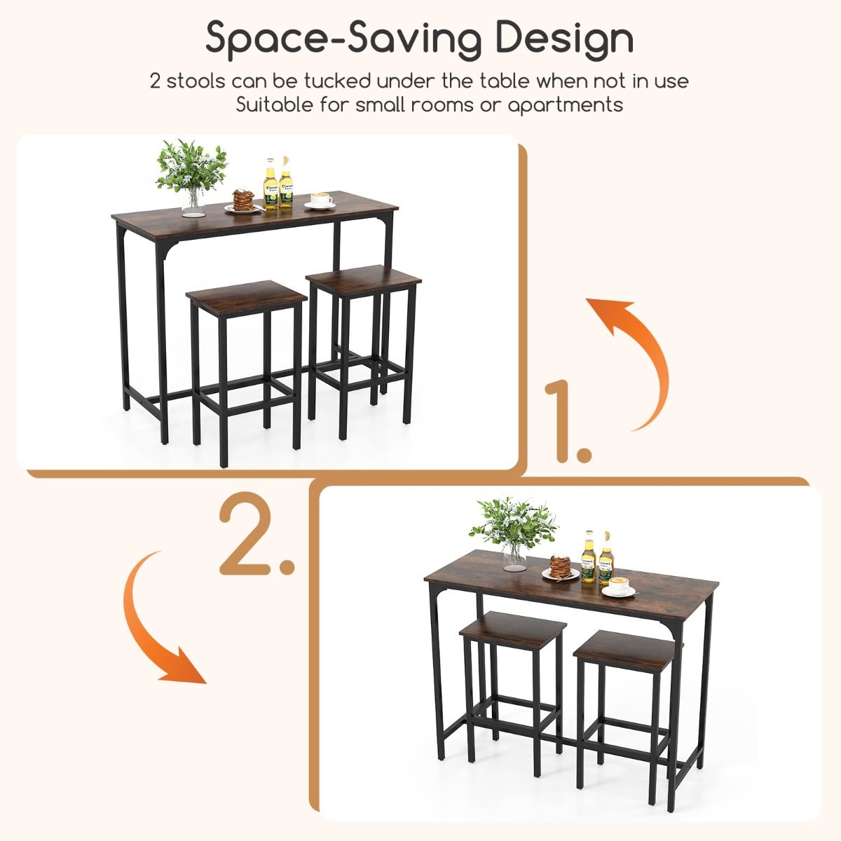 coast 3-tlg. Bartisch-Set - 120x48x91 cm - 2 Barhocker 40x30x66 cm - Braun/Schwarz - Industriedesign