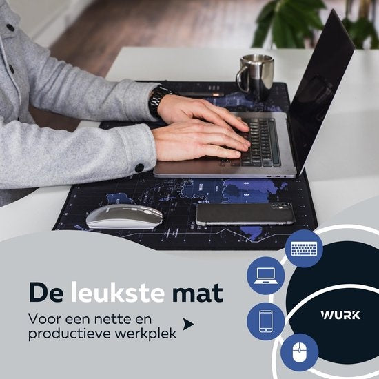 WURK Professional Schreibtischunterlage - Weltkarte - Schreibtisch-Organizer - Schreibtisch-Accessoires - Mauspad XXL - Anti-Rutsch - Inklusive Kabelclip - 90x40