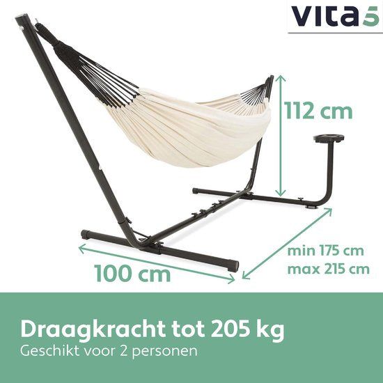 Vita5 Hängematte mit Ständer - 2 Personen - inkl. Getränkehalter - 205kg Tragegewicht - Beige/Weiß