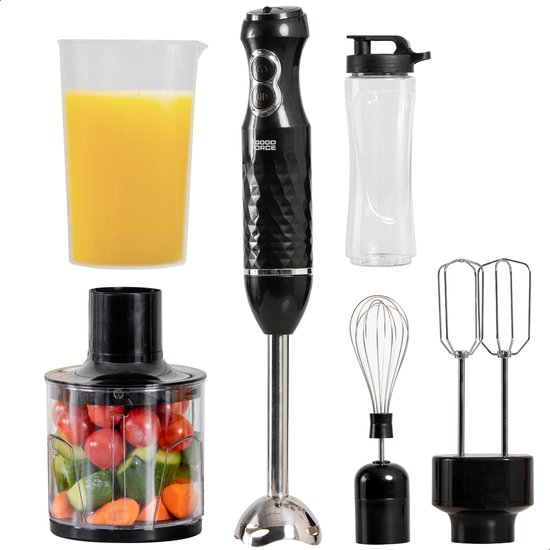 GoodForce - Edelstahl Stabmixer - 6 in 1 Stabmixer Set mit Zerkleinerer - Smoothie Maker - Schneebesen - Quirl - 600 ml Mixbecher