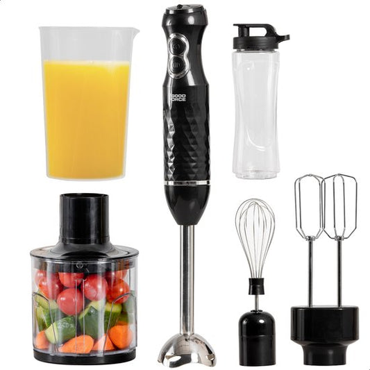 GoodForce - Edelstahl Stabmixer - 6 in 1 Stabmixer Set mit Zerkleinerer - Smoothie Maker - Schneebesen - Quirl - 600 ml Mixbecher