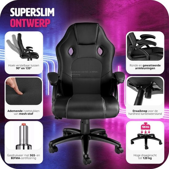 tectake - Bürostuhl Gaming Stuhl - Luxus Schreibtischstuhl Bürostuhl - Rennstuhl Schreibtischstuhl Gaming Stuhl Tyson - schwarz