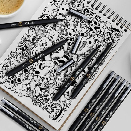 NAPI 10 Fineliner schwarz inkl. Pinselstift & Lineal - 0,2 bis 3mm - Stifte schwarz - Bullet Journal Zubehör - Zeichenstift-Set