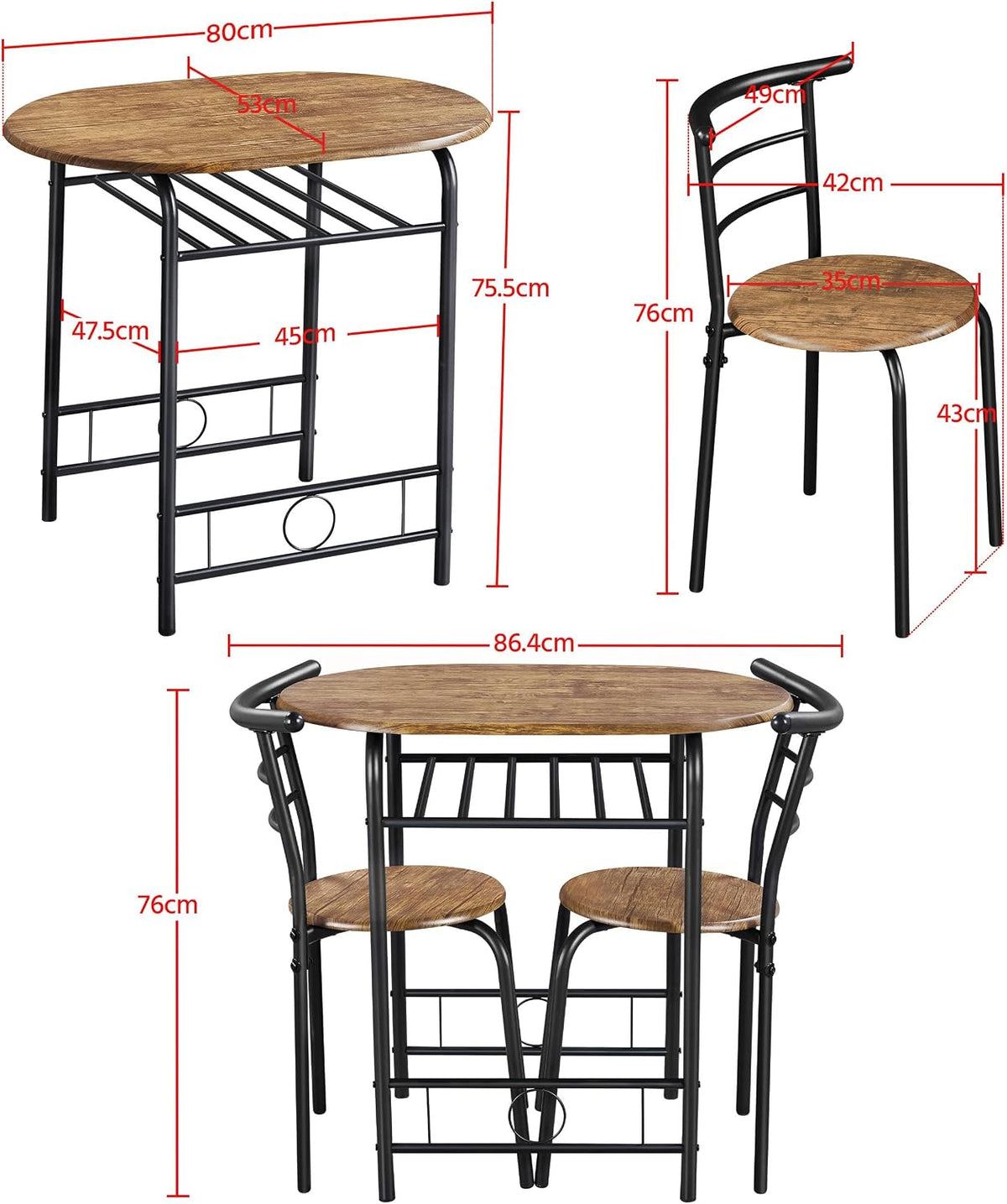 Yaheetech Esstisch-Set für 2 Personen – Tisch 80 x 53 x 75,5 cm mit 2 Stühlen – mit Ablage – Braun
