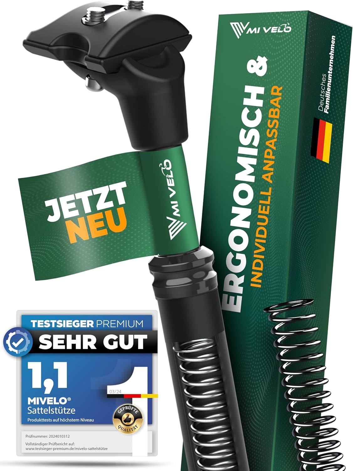 MIVELO ComfortPro gefederte Sattelstütze – 27,2/30,9/31,6 mm, Stoßdämpfung zur Entlastung des Rückens