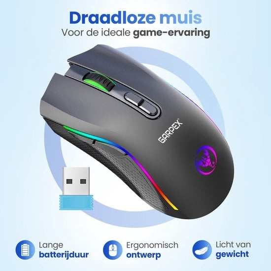 GarpexÂ® Silent Wireless Mouse - Gaming-Maus - Computermaus - Kabellose Maus - Mit LED-Beleuchtung - Wiederaufladbar - Schwarz